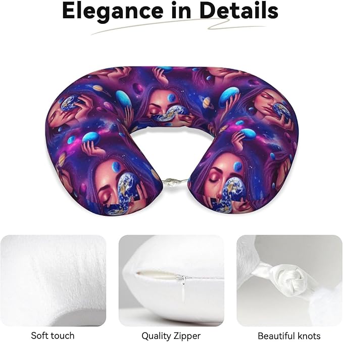 Neck Pillow Memory Foam Travel Pillows Comfortable for Airplane Flight Car Travel Office Nap and Sleeping, Funny Cushion for Head Shoulder Colorful Girl Eat Galaxy Candy