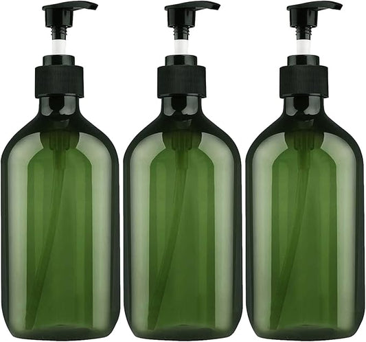 Empty Plastic Bottles with Pump Dispenser and Labels Included, Refillable Travel Containers for Hand sanitizer Shampoo Lotion, etc - No BPA/Parabenf, 500ml/16.9oz (Green, 3 Pack)