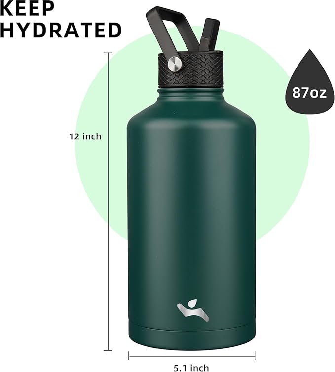 Insulated Water Bottle with Straw,87 oz 3 Lids Water Jug with Carrying Bag,Paracord Handle,Double Wall Vacuum Stainless Steel Metal Flask,Dark Green