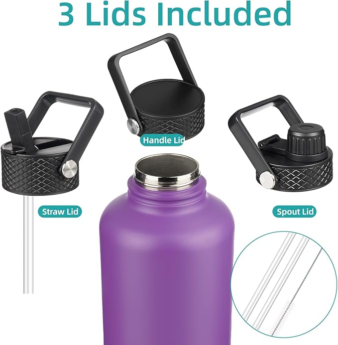 Half Gallon Insulated Water Bottle with Straw,64 oz 3 Lids Water Jug with Carrying Bag,Paracord Handle,Double Wall Vacuum Stainless Steel Metal Flask,Purple