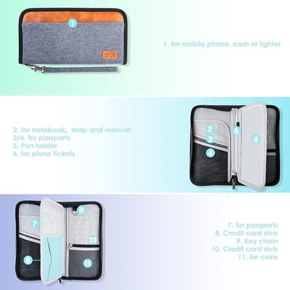 Real Leather Wallet RFID Family Passport Holder Waterproof Travel Essentials (Grey)