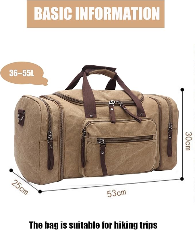 Large men's travel luggage bag, carry overnight bag, weekend handbag, waterproof canvas travel bag(khaki)