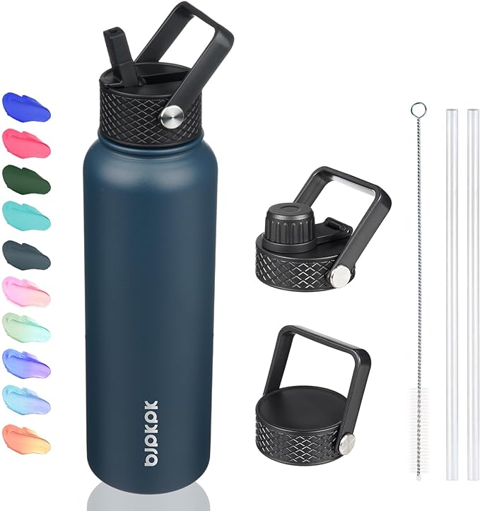 BJPKPK Insulated Water Bottles with Straw Lid, 40oz Stainless Steel Water Bottles with 3 Lids, BPA Free Leakproof Thermo, Tumblers, Cups for Sports, Gym- Navy Blue