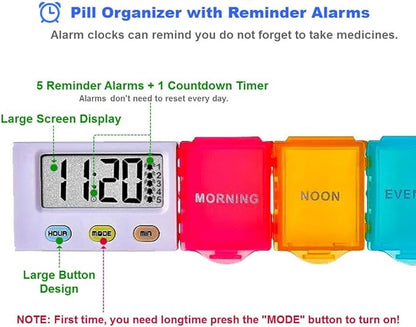 [4 in 1] 1 Day 4 Times Medicine Pill Organizer +5 Alarms + Timer+ Clock, Large Compartments,Loud Sound,Large Screen, Moisture-Proof,Dust-Proof, Travel Daily Pill Box/Organizer/Case/Container/Dispenser