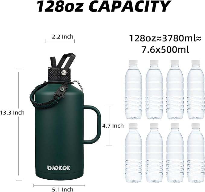 BJPKPK 1 Gallon Water Bottle Insulated with Straw Lid, 50oz, 64oz, 87oz, 128oz Large, Stainless Steel Water Bottles with 3 Lids and Paracord Strap, Double Wall Vacuum Metal Water Jug,Army Green