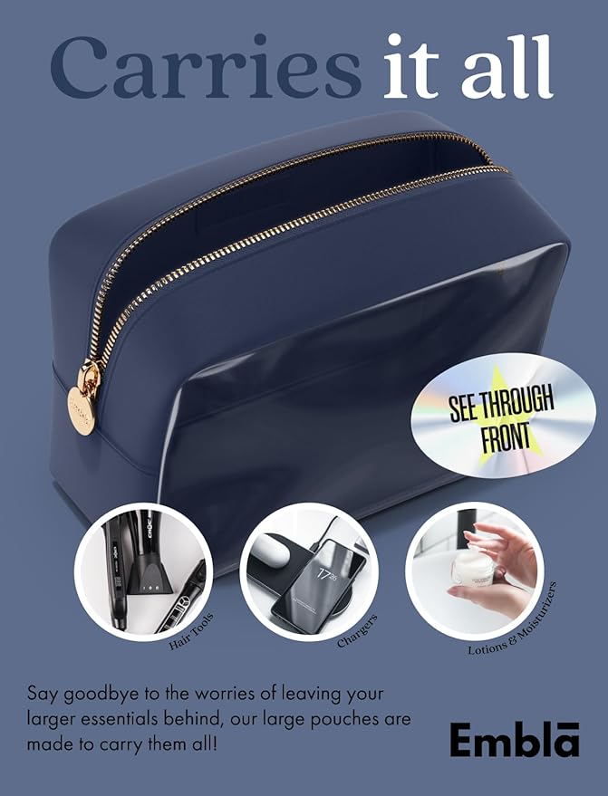 Embla London Makeup Bag Cosmetic Case, Clear Zipper Make Up Pouch and Toiletry Travel Tote, Cute Skincare Pouches for Women Girls, Preppy Purse Cosmetic Organizer, Large Makeup Bags, Sapphire