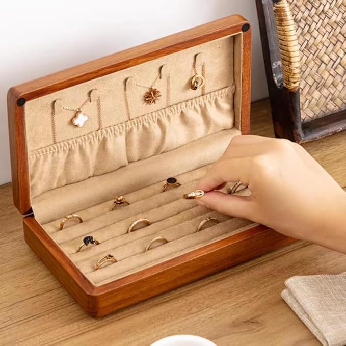 Bescott Solid Wood Rings Cufflink Earrings Box Jewelry For Travel Organizer Storage For Multiple Rings Wooden Case Holders For Women Men Gift