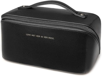 Travel Makeup Bag, Large Capacity Cosmetic Organizer Bags for Women, Waterproof PU Leather Toiletry Bags, Wide Open Flat Makeup Case with Divider and Handle