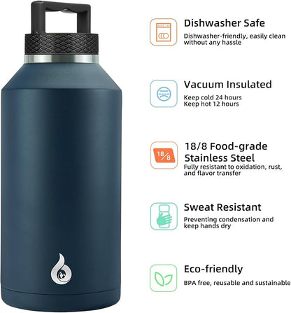 BJPKPK Half Gallon Water Bottle Insulated, Dishwasher Safe 64 oz Water Bottle with Handle, Leakproof BPA Free Thermal Flasks, Large Stainless Steel Jug for Sports, Navy Blue