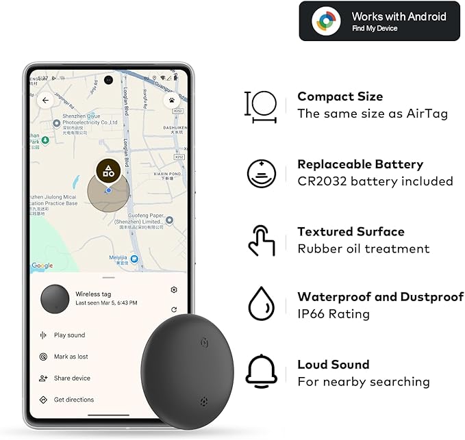 VODESON Google Find My Device Tracker 2025 - IP67 Waterproof Android Key Finder with 350ft Range, 90dB Alarm & 12-Month Battery, 4 Pack for Luggage/Wallets/Bikes (No iOS)