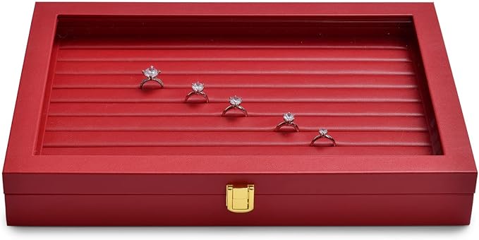Oirlv Luxury Leather Rings Earrings Organizer Tray with Clear Lid Jewelry Display Box with Acrylic Lid Stackable Jewelry Box Drawer Inserts