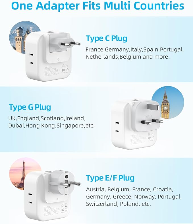European Travel Plug Adapter Set, 8-in-1 Travel Adapter with 4 Outlets, 4 USB Ports (2 USB C), US to UK/EU Universal Travel Adapter, International Power Adapter with Type G/E/F/C Detachable Plugs