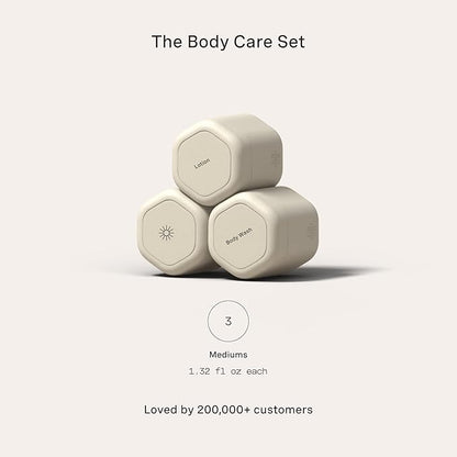 Cadence Travel Containers - Body Care Capsule Set - Magnetic Containers with Lids,Carry On Travel Essentials for Women/Men - 3 Flex Mediums (1.32oz) - Body Wash, Lotion & Sun Icon Labels - Sand