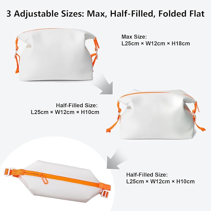 Vomgomfom 3L 6.5 Inch Silicone Toiletry Bag, Waterproof Leakproof Travel Cosmetic Organizer, Adjustable G-Buckle Compression Dopp Kit, Foldable Makeup Bag for Women & Men, White