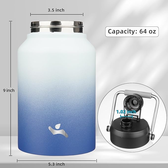 Half Gallon Jug with Handle,64 oz Insulated Water Bottle with Carrying Pouch,Double Wall Vacuum Stainless Steel Metal Bottle,Sky