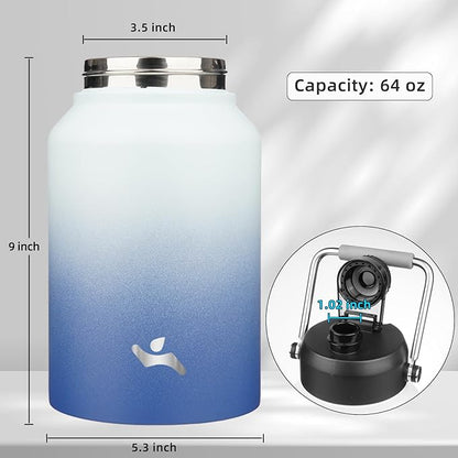 Half Gallon Jug with Handle,64 oz Insulated Water Bottle with Carrying Pouch,Double Wall Vacuum Stainless Steel Metal Bottle,Sky