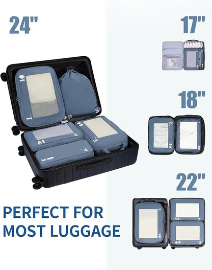 ECOHUB 5 Set Compression Packing Cubes for Suitcases Organiser Bags Set Travel Essentials with Shoe Bag for Traveling Tear-resistant Travel Accessories with ID Tag Expandable Packing Bags(All Blue)