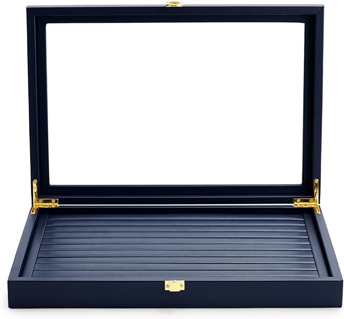 Oirlv Premium Blue Leather Rings Earrings Organizer Tray with Clear Lid Jewelry Display Box with Acrylic Lid Stackable Jewelry Box Drawer Inserts