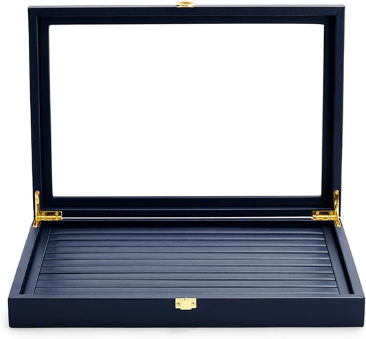 Oirlv Premium Blue Leather Rings Earrings Organizer Tray with Clear Lid Jewelry Display Box with Acrylic Lid Stackable Jewelry Box Drawer Inserts