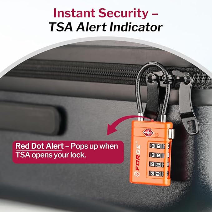 Forge TSA Approved Cable Luggage Locks with TSA008, 4-Digit Combination & Open Alert Indicator, Zinc Alloy Body, 2 Orange Travel Locks with 2 TSID Smart Lost & Found Tags for Luggage & Suitcase