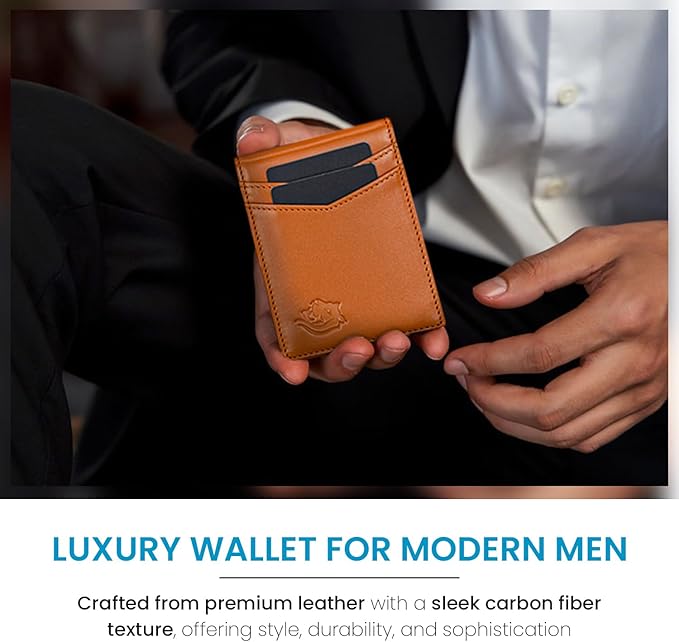 Premium Slim Leather Wallet for Men – RFID Blocking Minimalist Bifold Wallet with Money Clip, 11 Card Slots, Water-Resistant Men's Wallet in Carbon Fiber Design – Stylish and Secure Gift, Tan