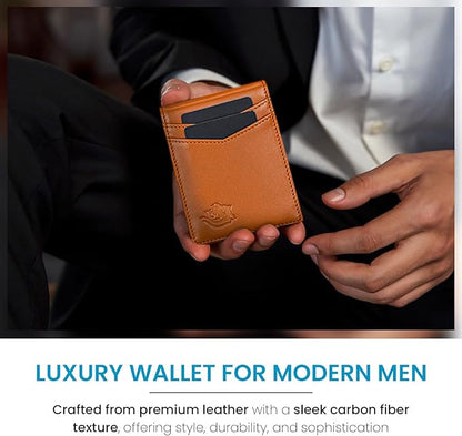Premium Slim Leather Wallet for Men – RFID Blocking Minimalist Bifold Wallet with Money Clip, 11 Card Slots, Water-Resistant Men's Wallet in Carbon Fiber Design – Stylish and Secure Gift, Tan