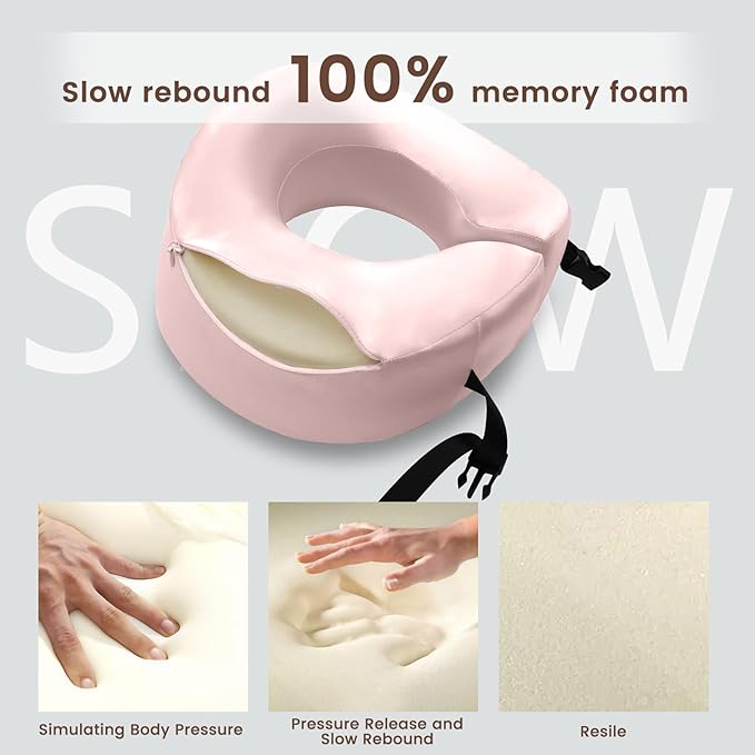 THXSILK 100% Mulberry Silk Neck Pillow for Traveling, Pure Memory Foam Travel Pillow for airplanes, Travel Neck Pillow for Sleeping, Head and Neck Support, neck pillow with Storage Bag (Charming Pink)