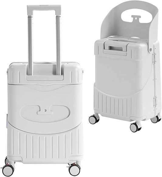 20'' Luggage with Child Seat, Ride On Suitcase with Shockproof Silent Spinner Wheels, TSA Lock, Carry On Luggage with Foldable Backrest, Bag Hook for Kids.
