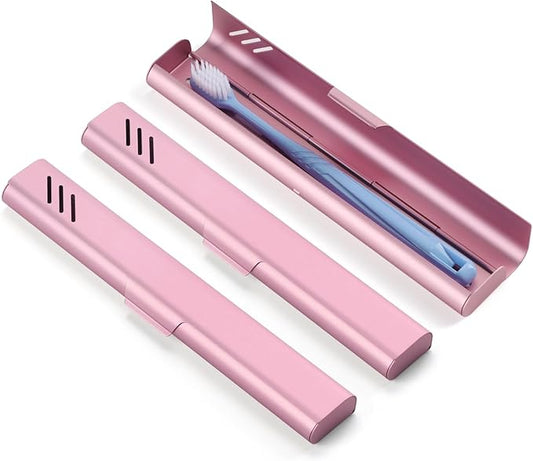 Travel Toothbrush Case, 2Pack Portable Toothbrush Holders, Durable Aluminum Toothbrush Storage Box, Small Breathable Manual Toothbrush Container for Traveling, Camping, Business Trip - Pink