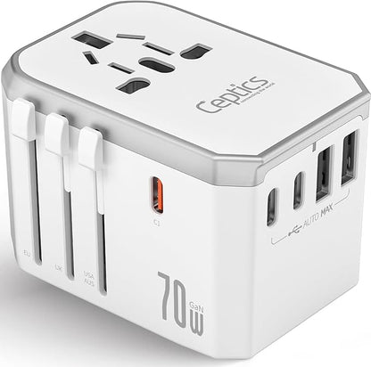 Ceptics 6 in 1 Universal Travel Adapter with PD 70W USB-C and 2X USB-A and 2X USB-C 3A, Universal Charger with QC 3.0 for US/EU/UK/AU, Universal Power Adapter with Type I C G A Outlets