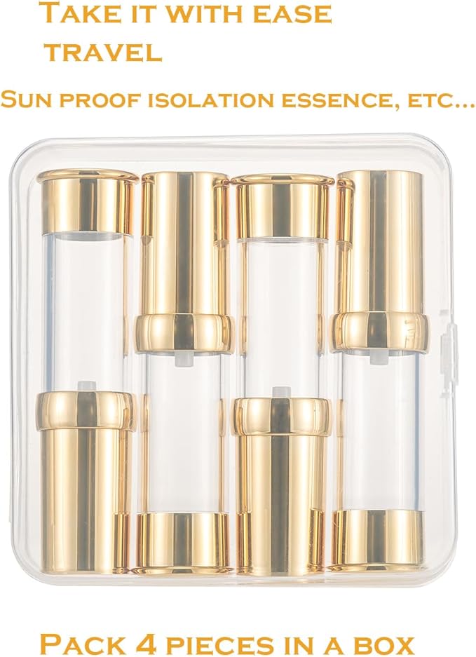 Gold 15ML 0.5 oz Airless pump bottle Toiletries Travel Size containers airport essentials Dispenser with Box Reusable mini lotion plastic travel bottles 4 Packs