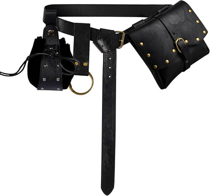 Renaissance Belt Pouch Viking Leather Medieval Belt Waist Bag Pirate Cosplay Festival Halloween Adjustable Accessories (Bottle-Black)