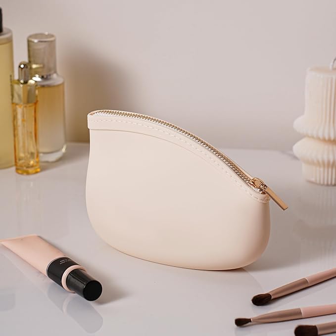 Small Silicone Makeup Bag Premium Purse Bag Multifunctional Essential Bag Zipper Pouch Water and Heat Resistant (White)