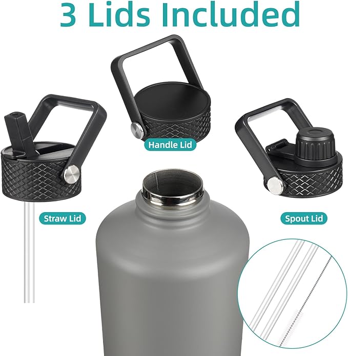 Gallon Insulated Water Bottle with Straw,128 oz 3 Lids Water Jug with Carrying Bag,Paracord Handle, Double Wall Vacuum Stainless Steel Metal Flask,Gray