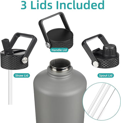 Gallon Insulated Water Bottle with Straw,128 oz 3 Lids Water Jug with Carrying Bag,Paracord Handle, Double Wall Vacuum Stainless Steel Metal Flask,Gray