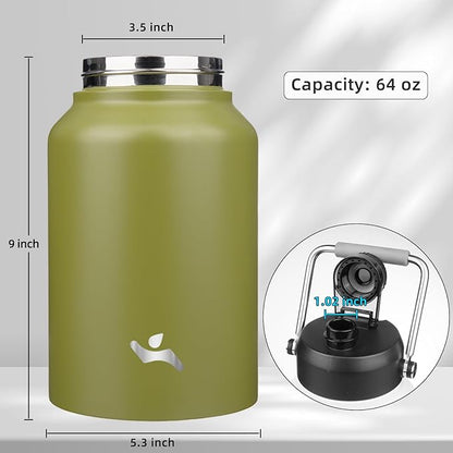 Half Gallon Jug with Handle,64 oz Insulated Water Bottle with Carrying Pouch,Double Wall Vacuum Stainless Steel Metal Bottle,Forest Green