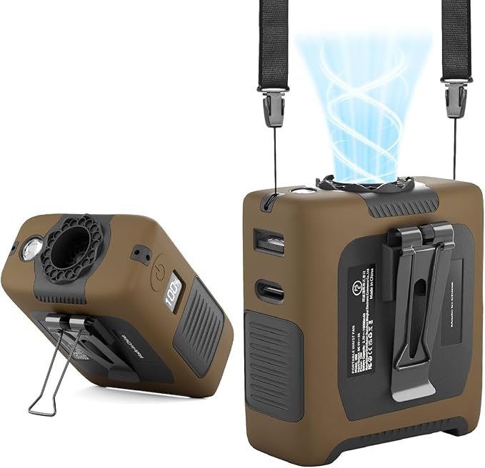 Portable Fan Wearable Personal Fan with 5 Speed Max 55 Working Hours Low Noise Portable Neck Fans Cooling Waist Fans for Camping Traveling LED Power Display 10000mAh Rechargeable (Brown)