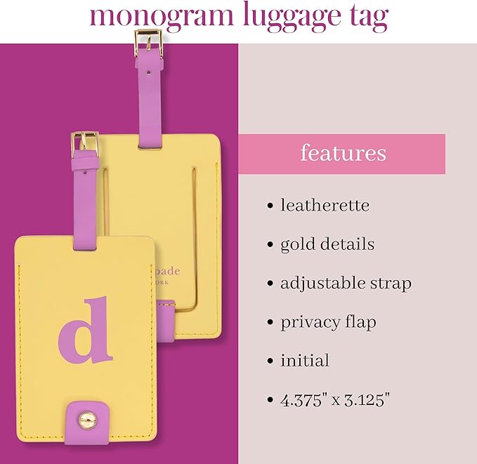 Kate Spade New York Leatherette Luggage Tag with Secure Strap, Colorful Suitcase Identifier for Travel, Monogram Bag Tag ID (D)
