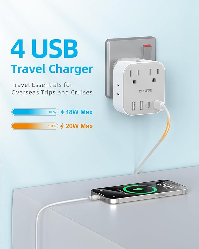 European Travel Plug Adapter Set, 8-in-1 Travel Adapter with 4 Outlets, 4 USB Ports (2 USB C), US to UK/EU Universal Travel Adapter, International Power Adapter with Type G/E/F/C Detachable Plugs
