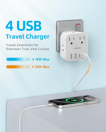 European Travel Plug Adapter Set, 8-in-1 Travel Adapter with 4 Outlets, 4 USB Ports (2 USB C), US to UK/EU Universal Travel Adapter, International Power Adapter with Type G/E/F/C Detachable Plugs