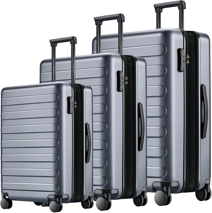 NINETYGO Luggage Sets 3 Piece, Carry On Luggage Airline Approved, Medium Large Checked Luggage with Spinner Wheels, Expandable, Hard Shell PC Suitcase Sets, TSA, 20in/24in/28in (Grey, Rhine Max)