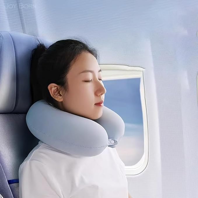 Memory Foam Travel Neck Pillow - Ergonomic & Compact Design for Airplane, Car Rides and Long Journeys (Blue)