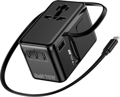 70W GaN Universal Travel Adapter, 6-in-1 International Power Adapter for US/EU/UK/AUS & 200+ Countries, European Travel Plug Adapter with Built-in USB-C Cable & 4-Ports for Laptop, Phone