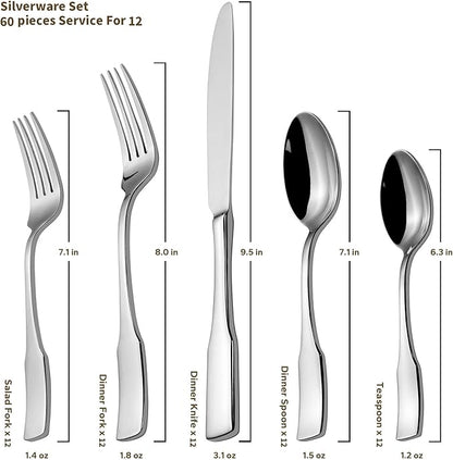 Alata Kate 60-Piece Silverware Set Stainless Steel Flatware Set,Service for 12,Mirror Polished Cutlery Set,Dishwasher Safe