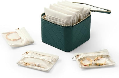 Travel Jewelry Box Organizer - Small Jewelry Case with 6 Small Velvet Zipped Pouches Pockets for Jewelry Necklaces Rings Earrings Storage(Teal)