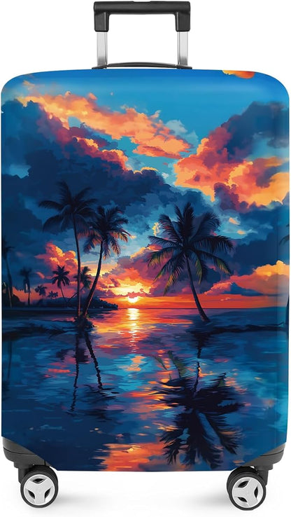 ANNA QUEEN Tropical Sunset Luggage Cover, Vibrant Beach & Palm Tree Design, Stretchable Washable Suitcase Protector for 24–26 Inch Travel Luggage