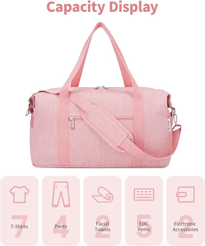 Narwey Weekender Bag for Women - Overnight Travel Duffel, Hospital, Spirit Airlines Personal Item 18x14x8, Carry-on Underseat With Wet Pocket, Small Gym (Pink)