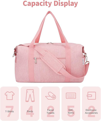 Narwey Weekender Bag for Women - Overnight Travel Duffel, Hospital, Spirit Airlines Personal Item 18x14x8, Carry-on Underseat With Wet Pocket, Small Gym (Pink)