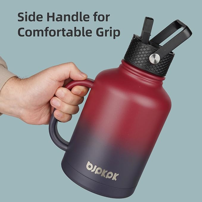 BJPKPK Large Insulated Water Bottles with Straw Lid & Handle, 50oz, 64oz, 87oz, 128oz Water Bottle with 3 Lids and Paracord Strap, Stainless Steel Metal Water Bottle, Insulated Water Jug, Marshmallow