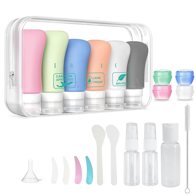 22 Pack Travel Bottles, 3oz & 2oz Leak Proof, Perfect for Travel & Outdoors, Multicolored, Silicone, Reusable, 21 Pieces